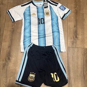 MESSI Argentina Home Soccer Kit size 26 Youth Smal— White & Light Blue with Navy